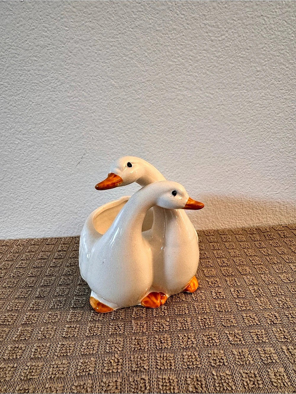 Vintage 1980s–1990s. Ceramic Double Goose Duck Planter Vase White Orange 5”